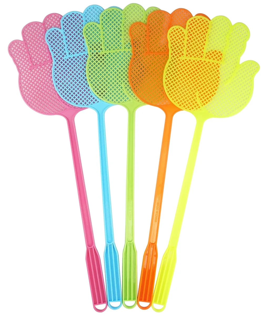 Five colourful plastic hand-shaped fly swatters with long handles