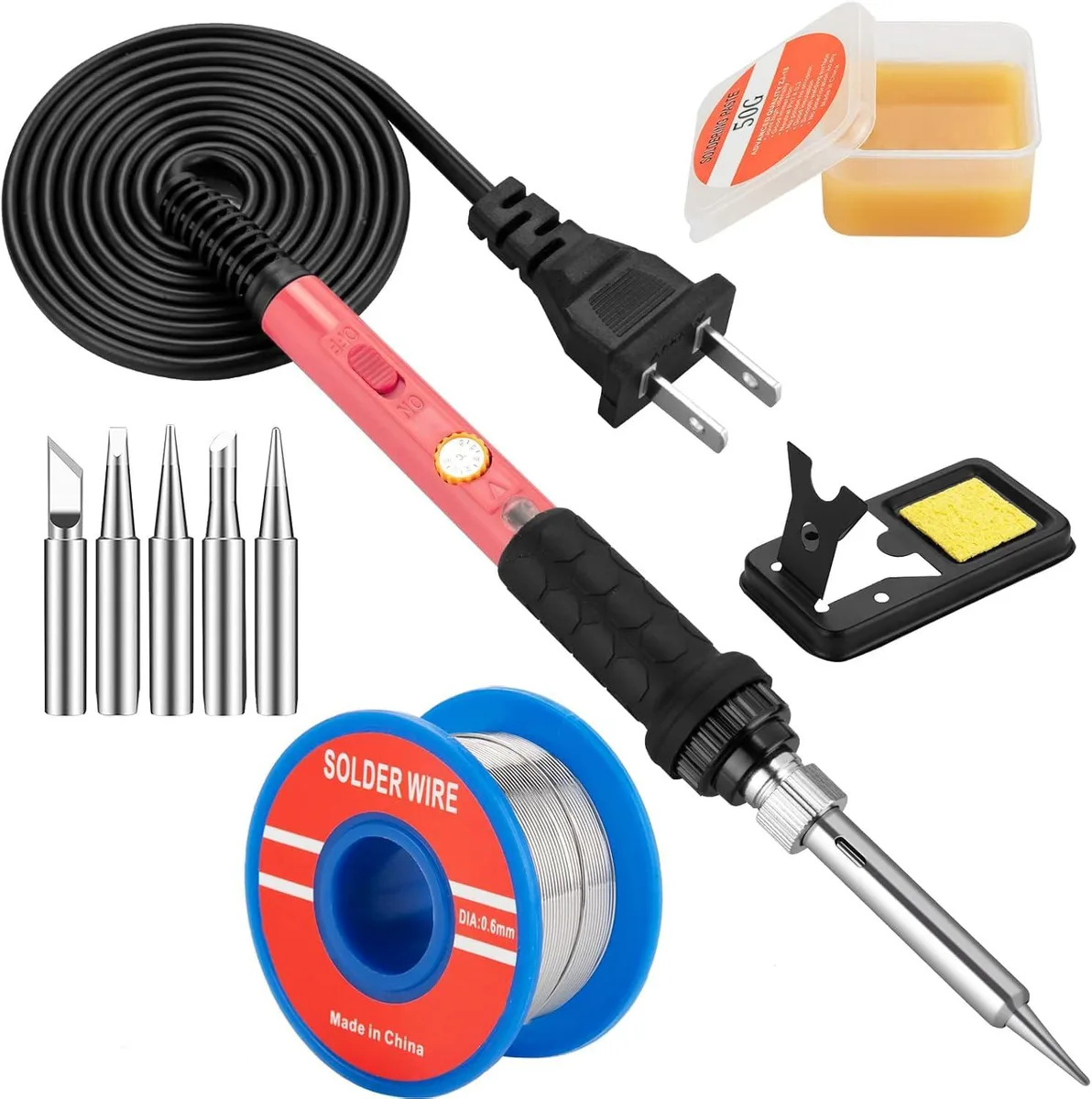 Blue pencil-type soldering iron with stand, sponge, five tips, wire and flux paste