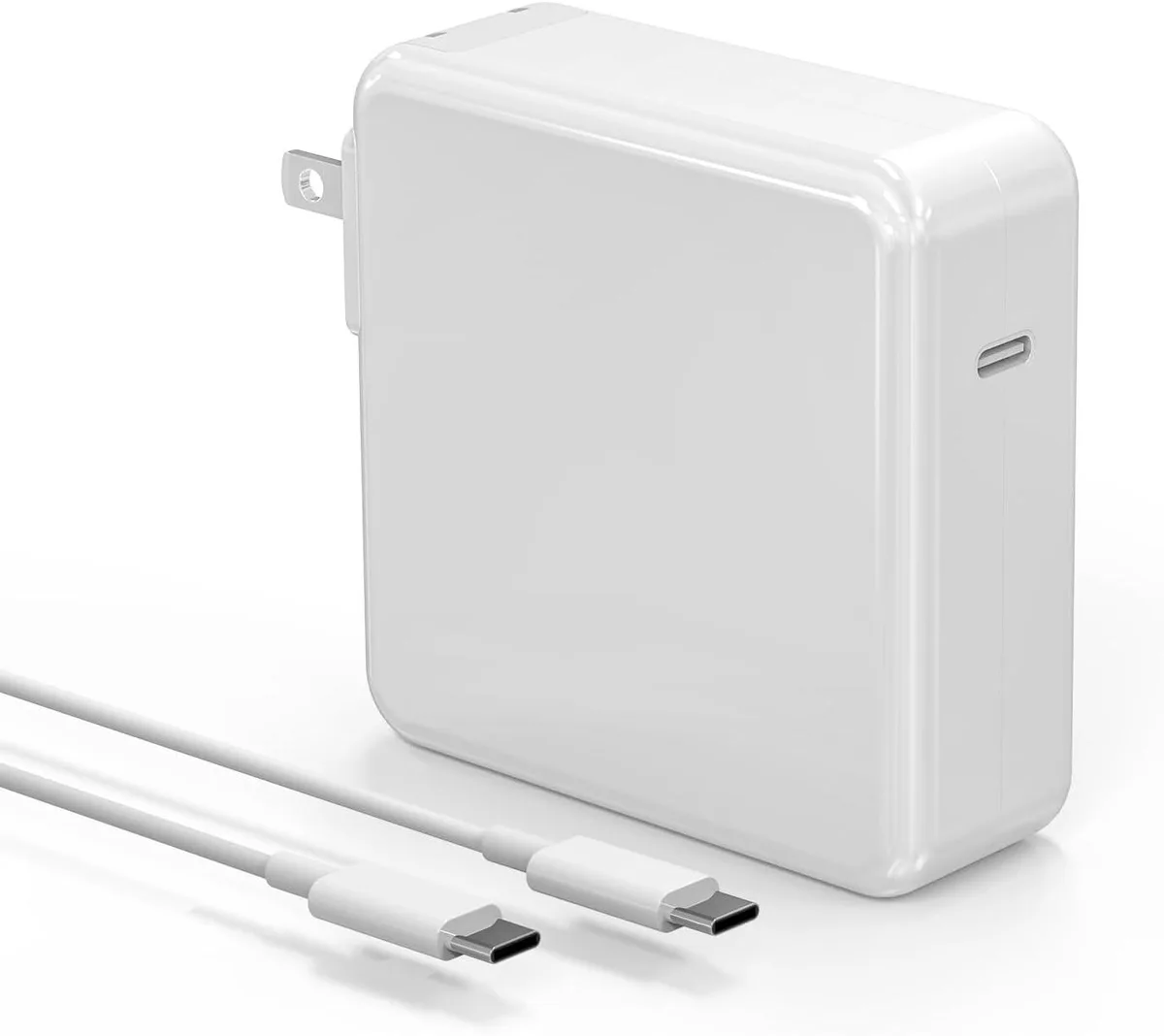 White rectangular USB-C power adapter with folding prongs and detachable cable