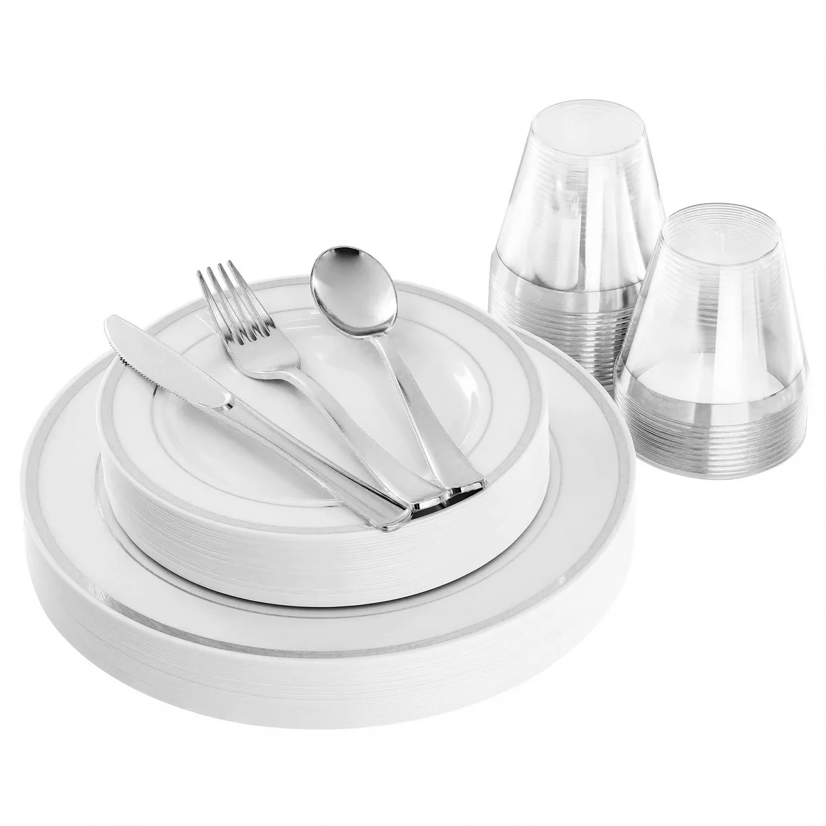 Elama Elama 150 Piece Disposable Plastic Dinnerware Set White Silver Trim 25 Guests — product photo