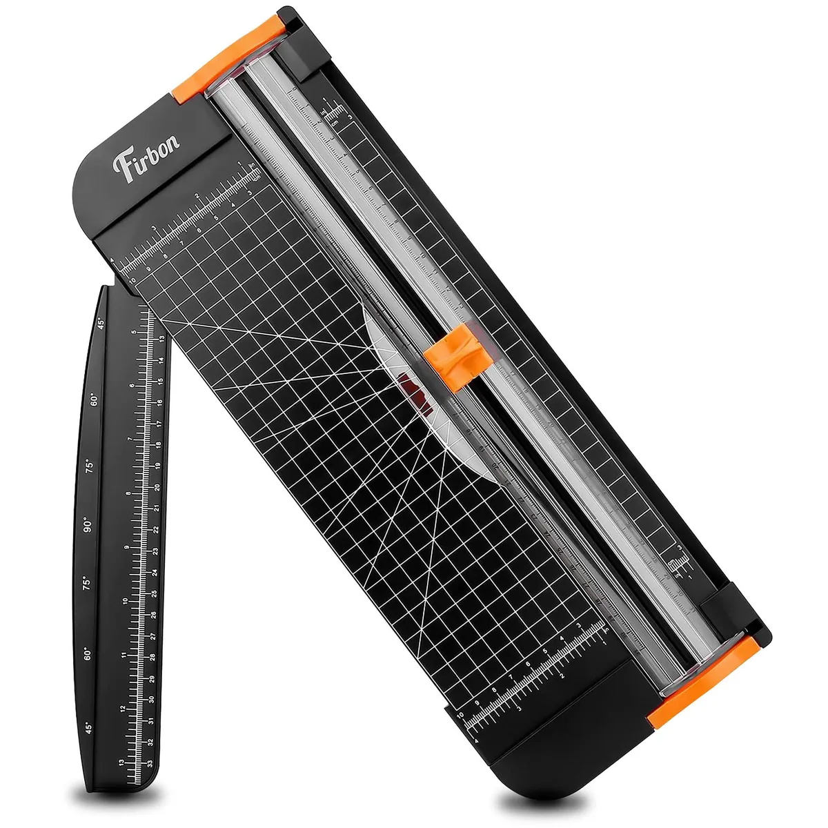 Black 12-inch paper trimmer with extended ruler and angle guide on plastic base