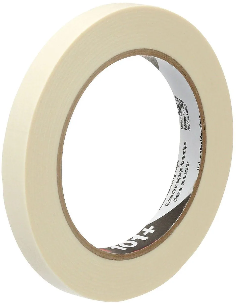 Eighteen rolls of beige crepe masking tape, each .47 inches wide by 60 yards long