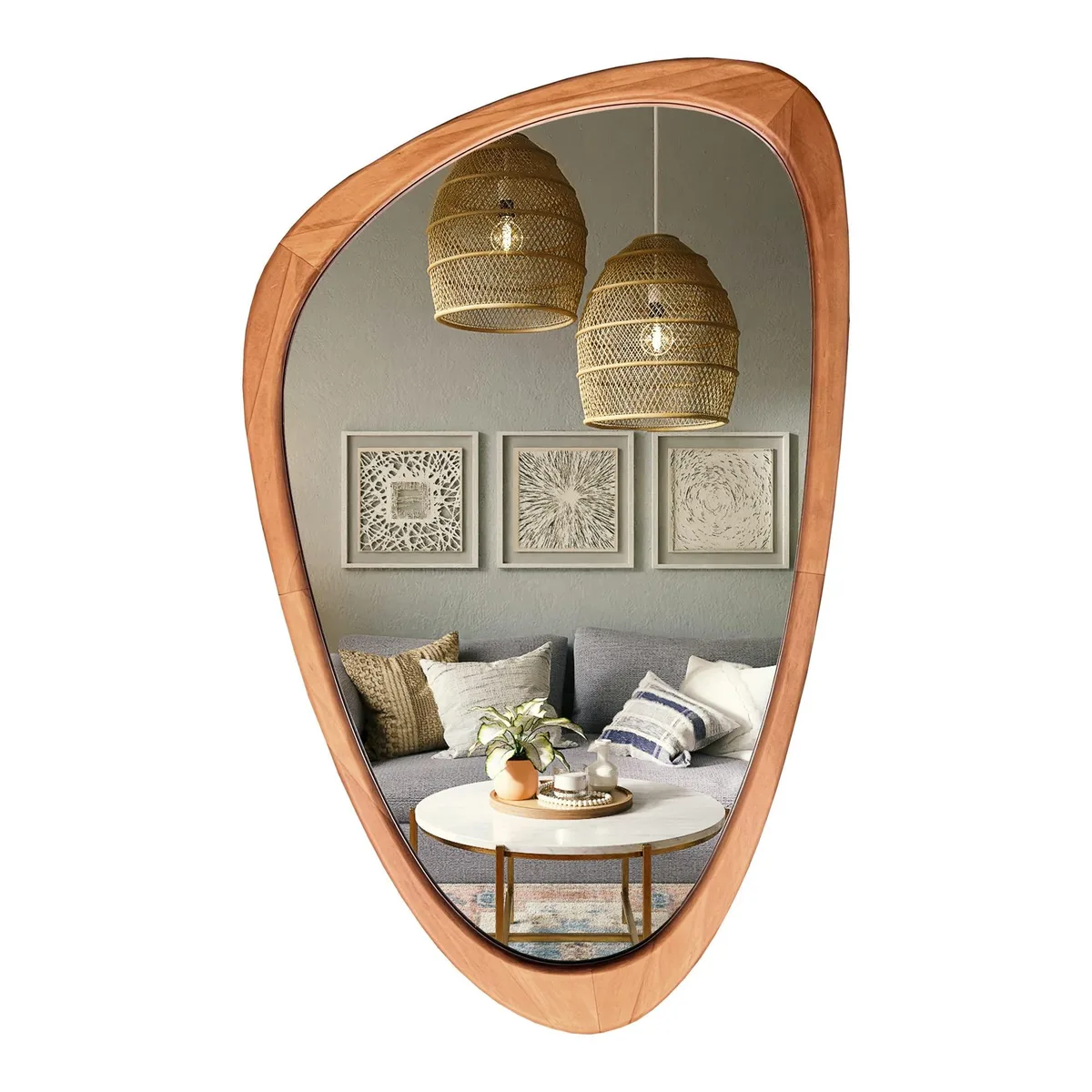 Asymmetrical triangular wall mirror in light wood frame 30 by 19 inches