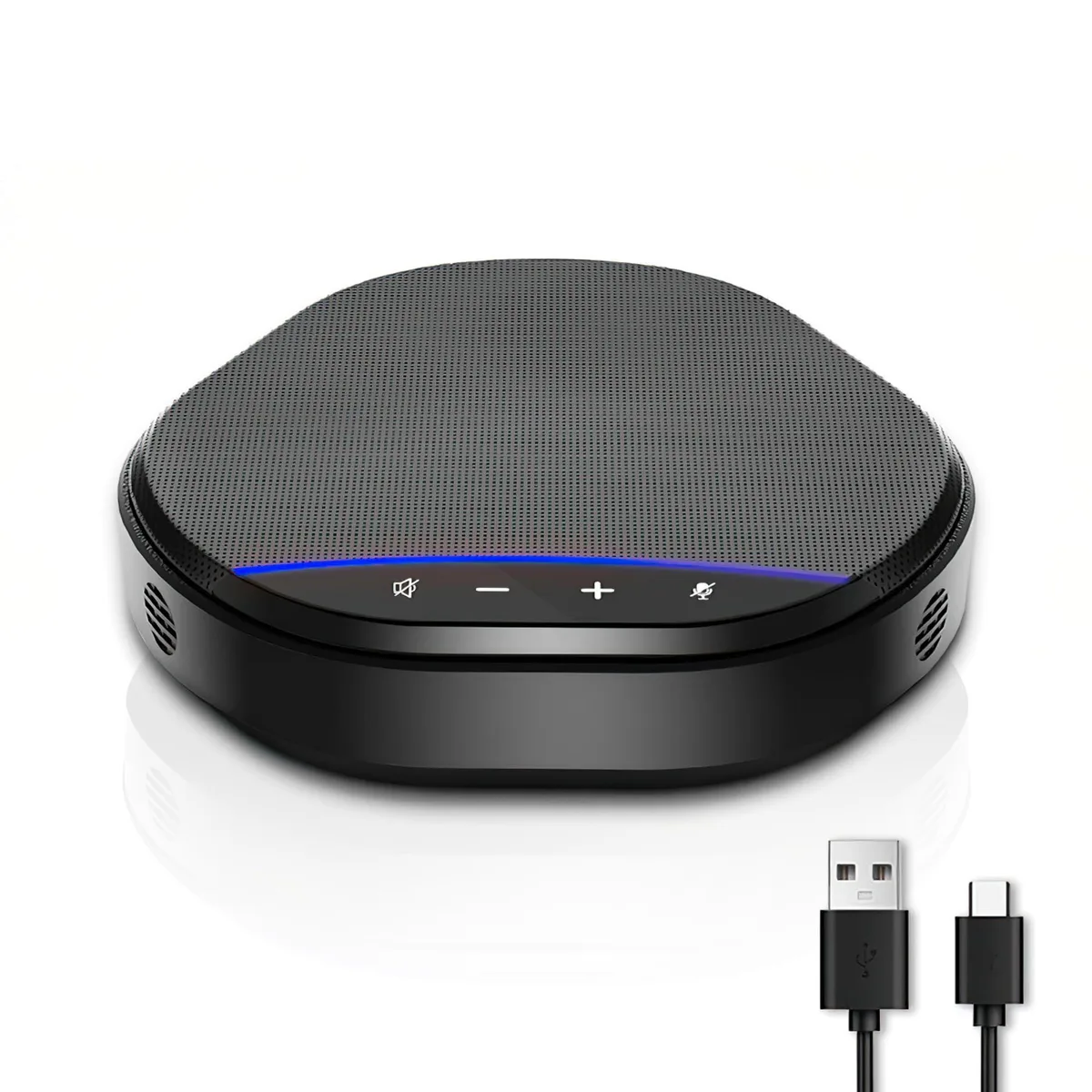 Compact circular USB speakerphone with matte black finish and central control buttons