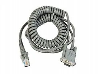 Black coiled RS232 cable with 9-pin female connector, 9.50 ft