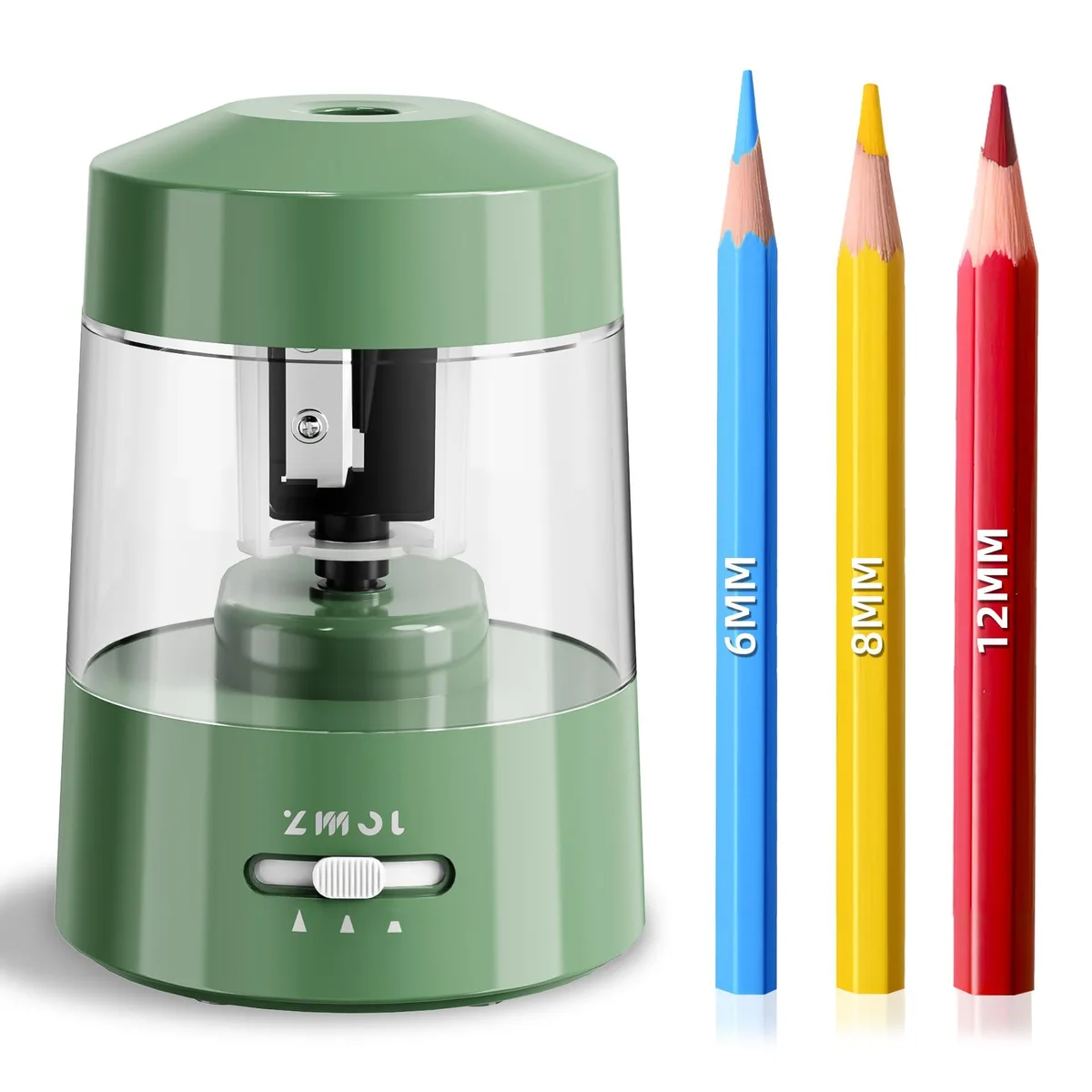 Green battery-powered electric pencil sharpener, compact rectangular shape with pencil slot on top