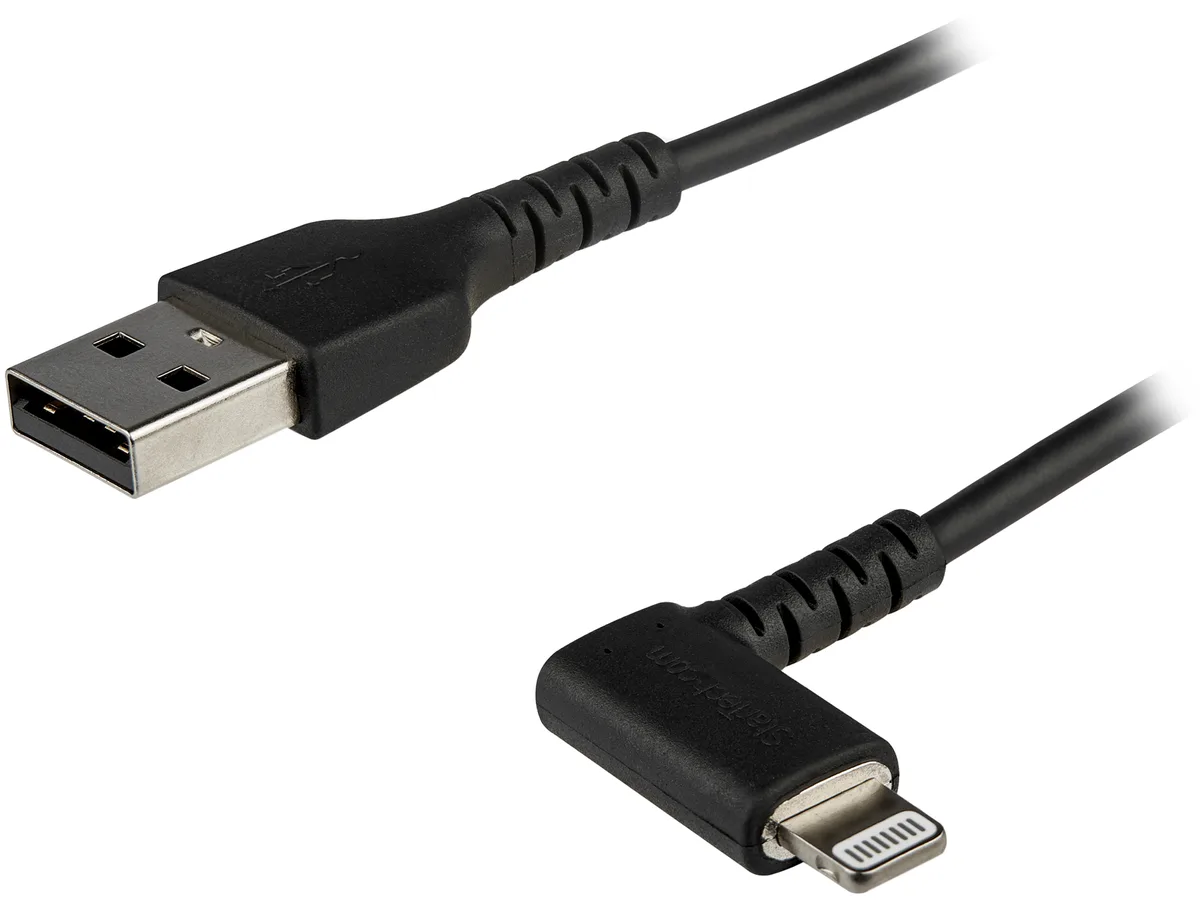 Black angled Lightning to USB-A cable with reinforced TPE jacket
