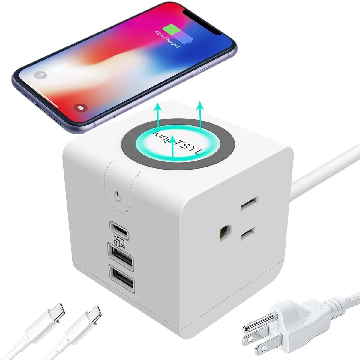 KingTSYU KingTSYU USB-C Power Strip 20W PD 15W Wireless 2AC 5ft White — product photo