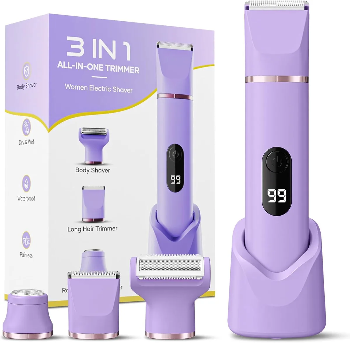 White electric trimmer with charging dock and three interchangeable heads