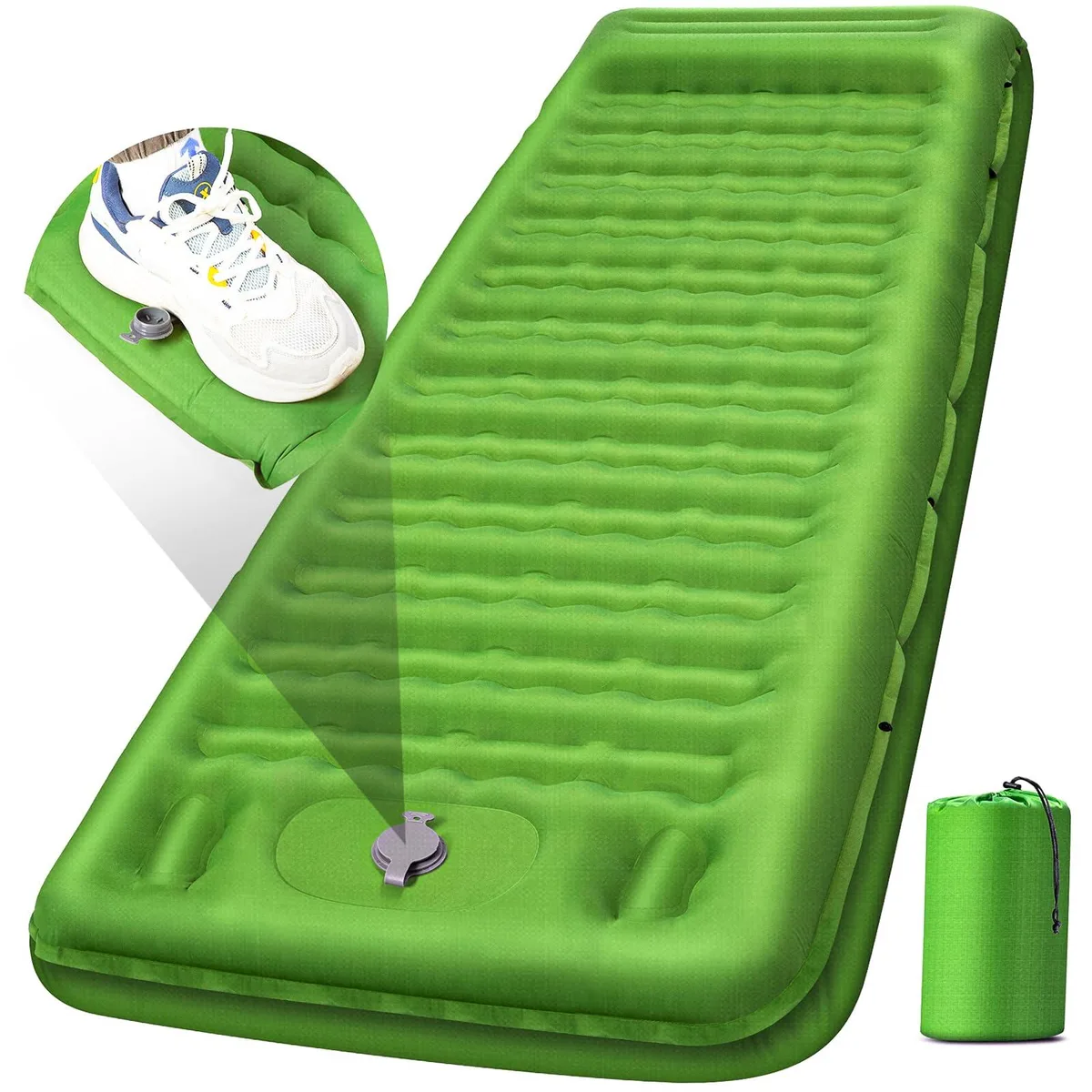 Green inflatable sleeping pad 79 by 28 inches five inch thick with built-in pillow and foot pump