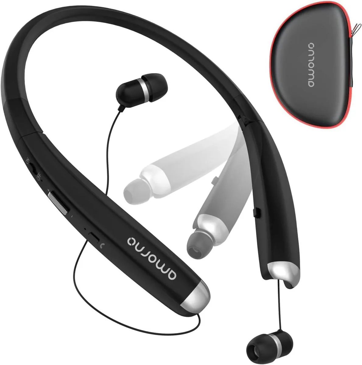 White foldable Bluetooth neckband with retractable earbuds and inline controls