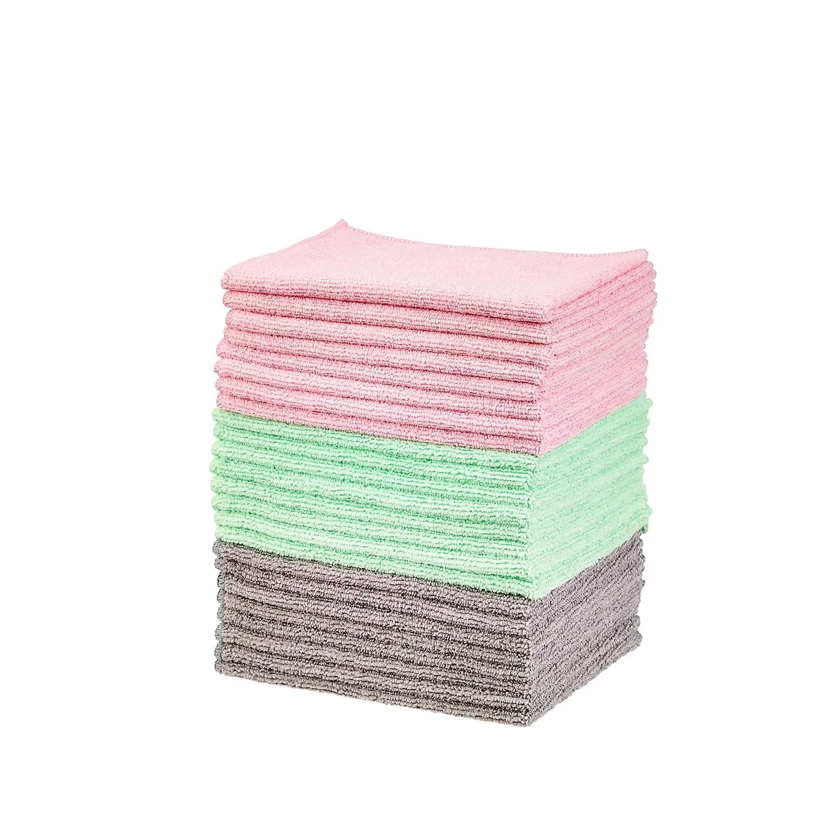 Stack of 24 rectangular microfiber cloths in green, grey and pink, each 16 by 12 inches
