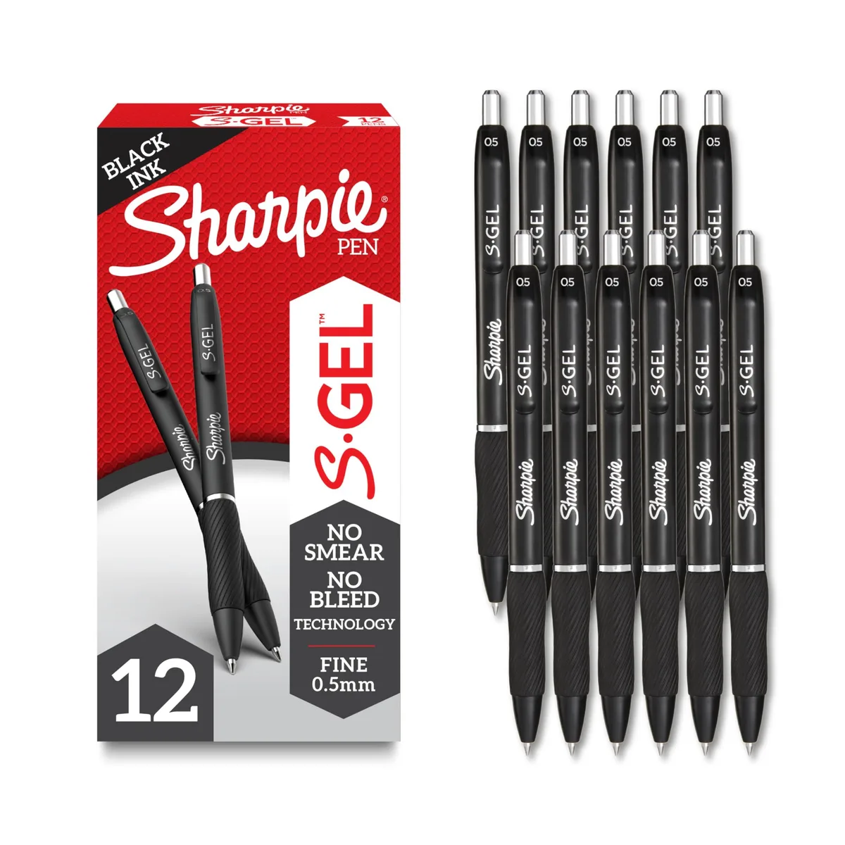 A box of twelve retractable gel pens with contoured rubber grips, fine point 0.5mm black ink