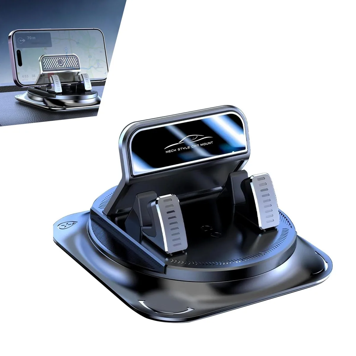 Black dashboard phone mount with rotatable cradle and suction base