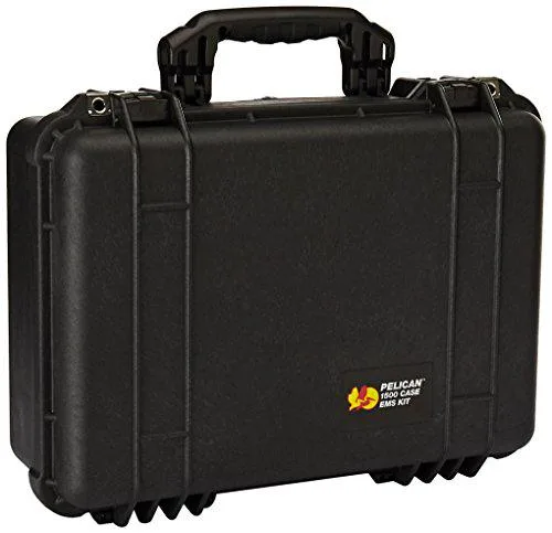 Black Pelican 1500 EMS case with purge valve, watertight seal, rubber handles and stainless hardware