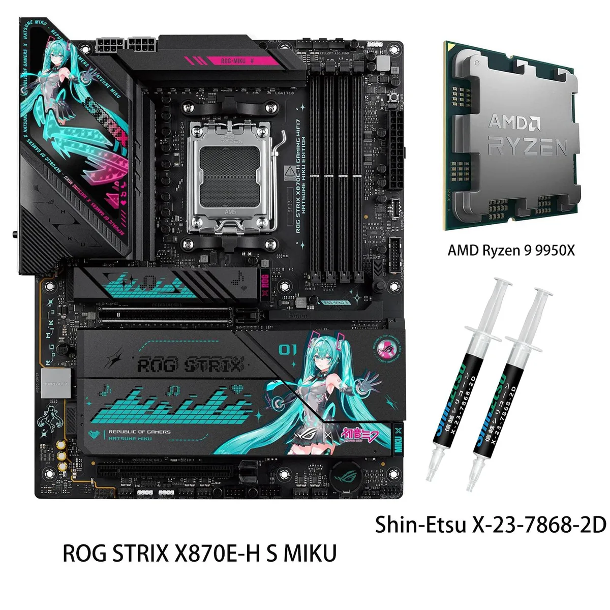 ASUS ASUS ROG STRIX X870E-H S MIKU AMD motherboard &amp; Ryzen 9 9950X CPU combo — product photo