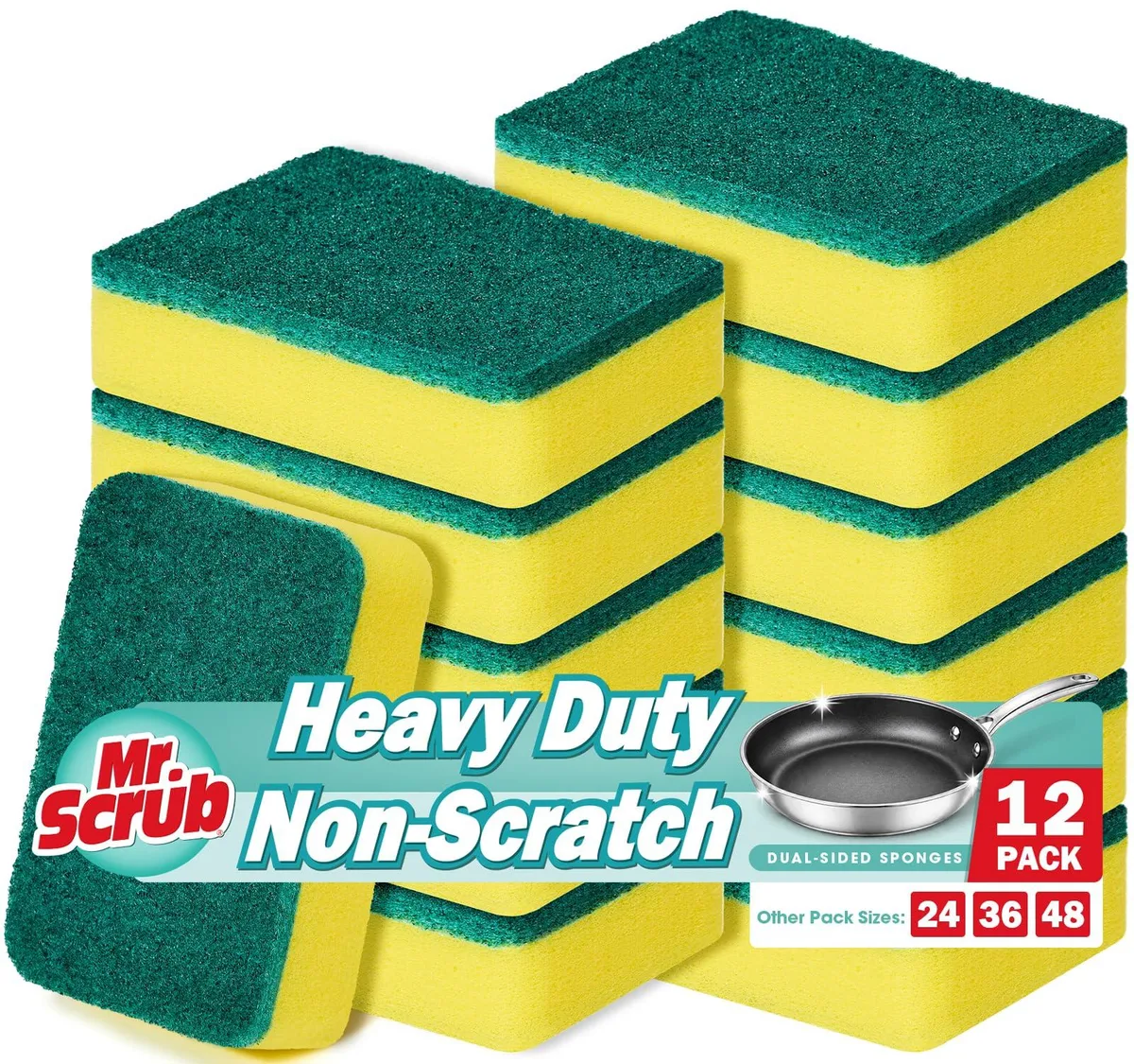 Twelve green rectangular scrub sponges with white scouring pads, vacuum-compressed in a pack