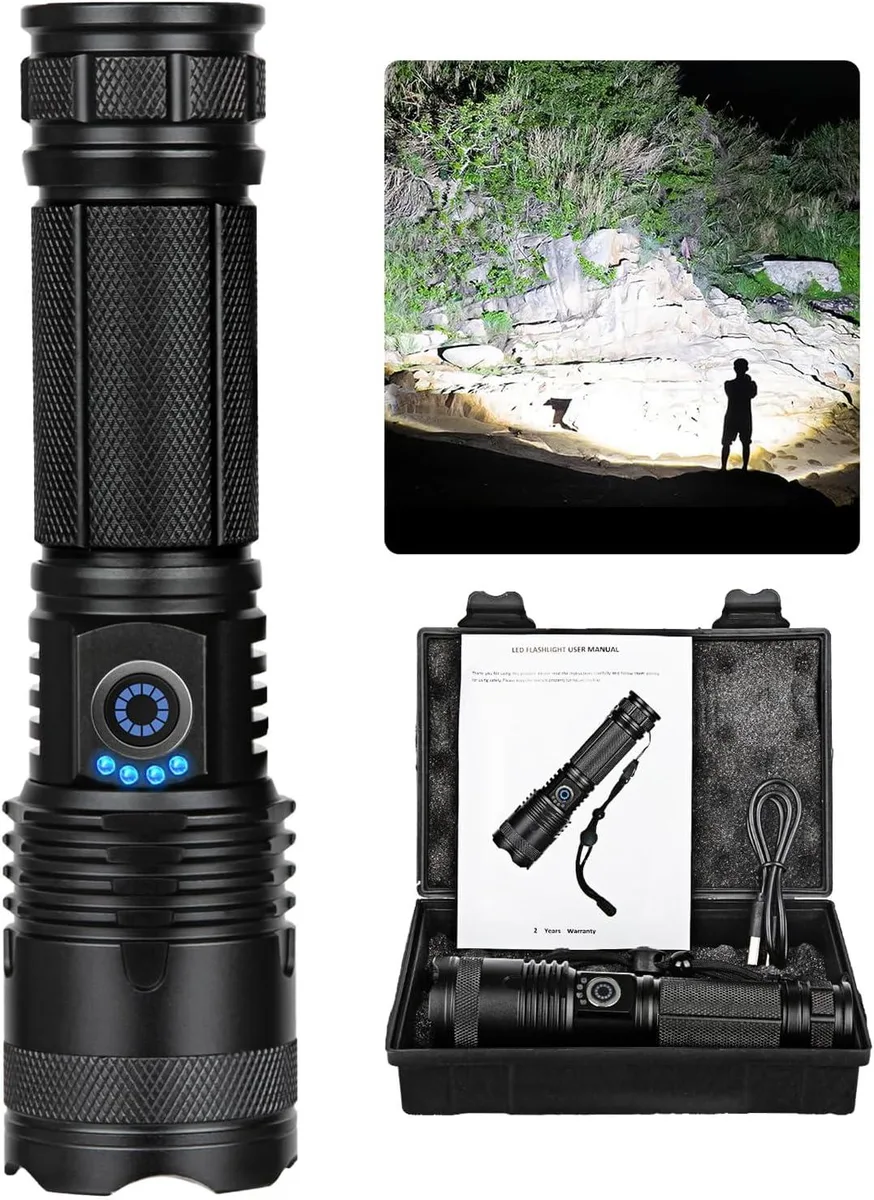Black cylindrical rechargeable LED flashlight with adjustable head and USB charging port