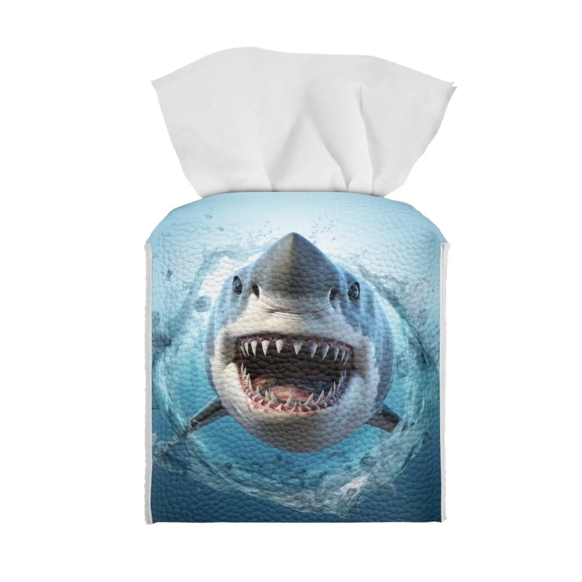 Blue shark-print PU leather square tissue box cover with metal snap closure, 5.5 by 5.16 inches