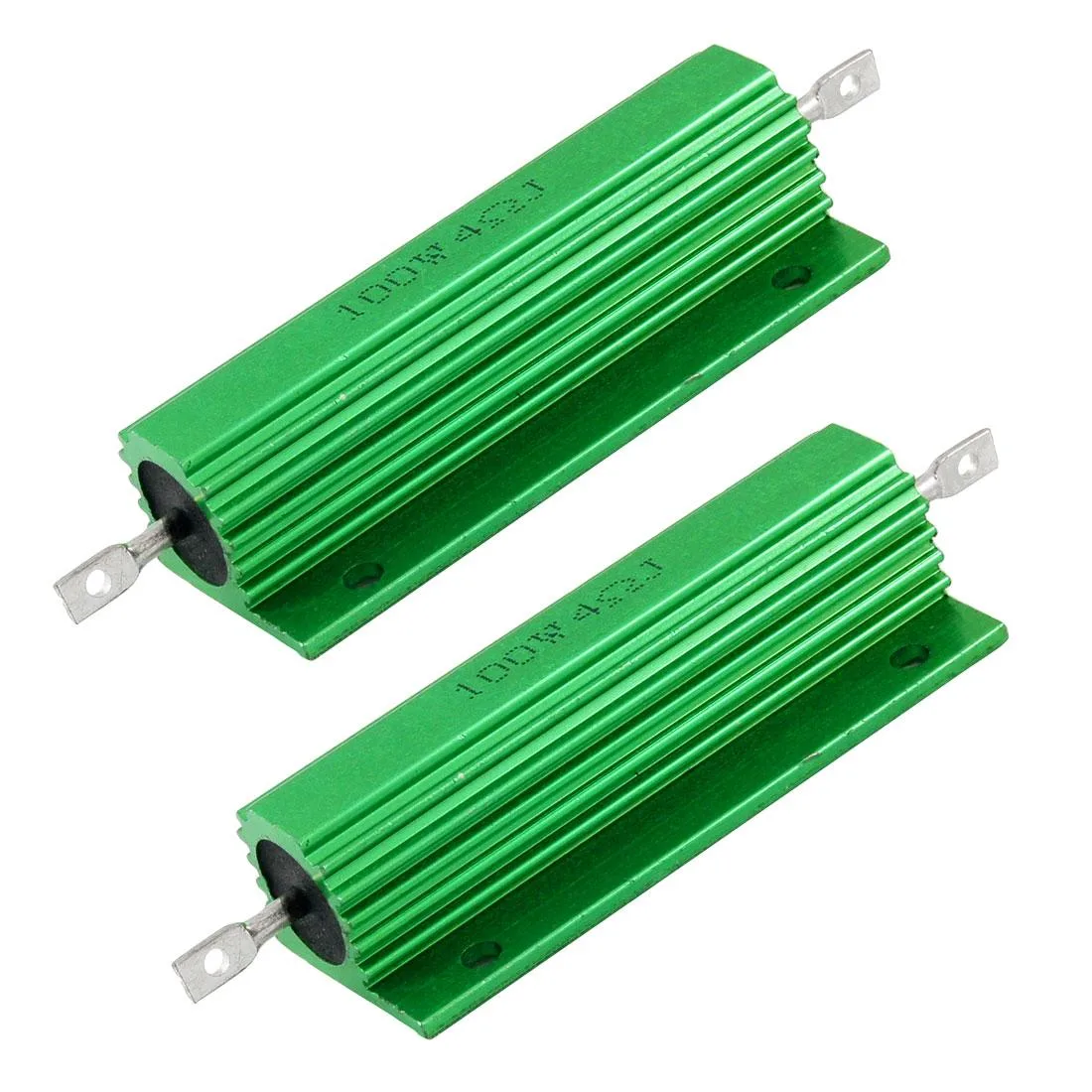 Two green aluminium-cased wire-wound resistors with mounting holes