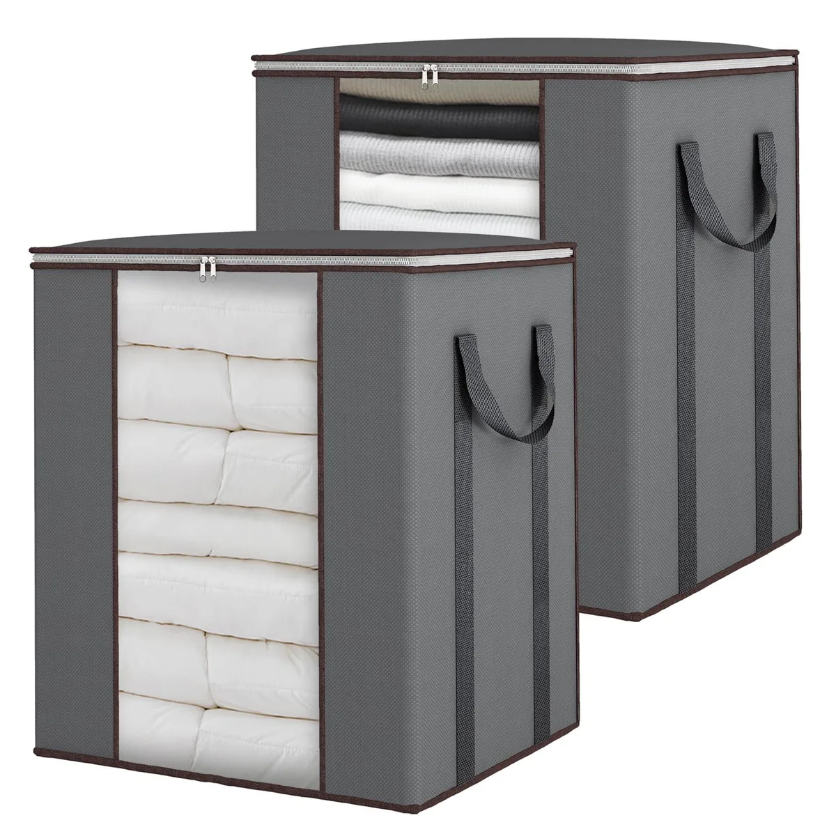 Two grey fabric storage bags with clear front windows and reinforced handles