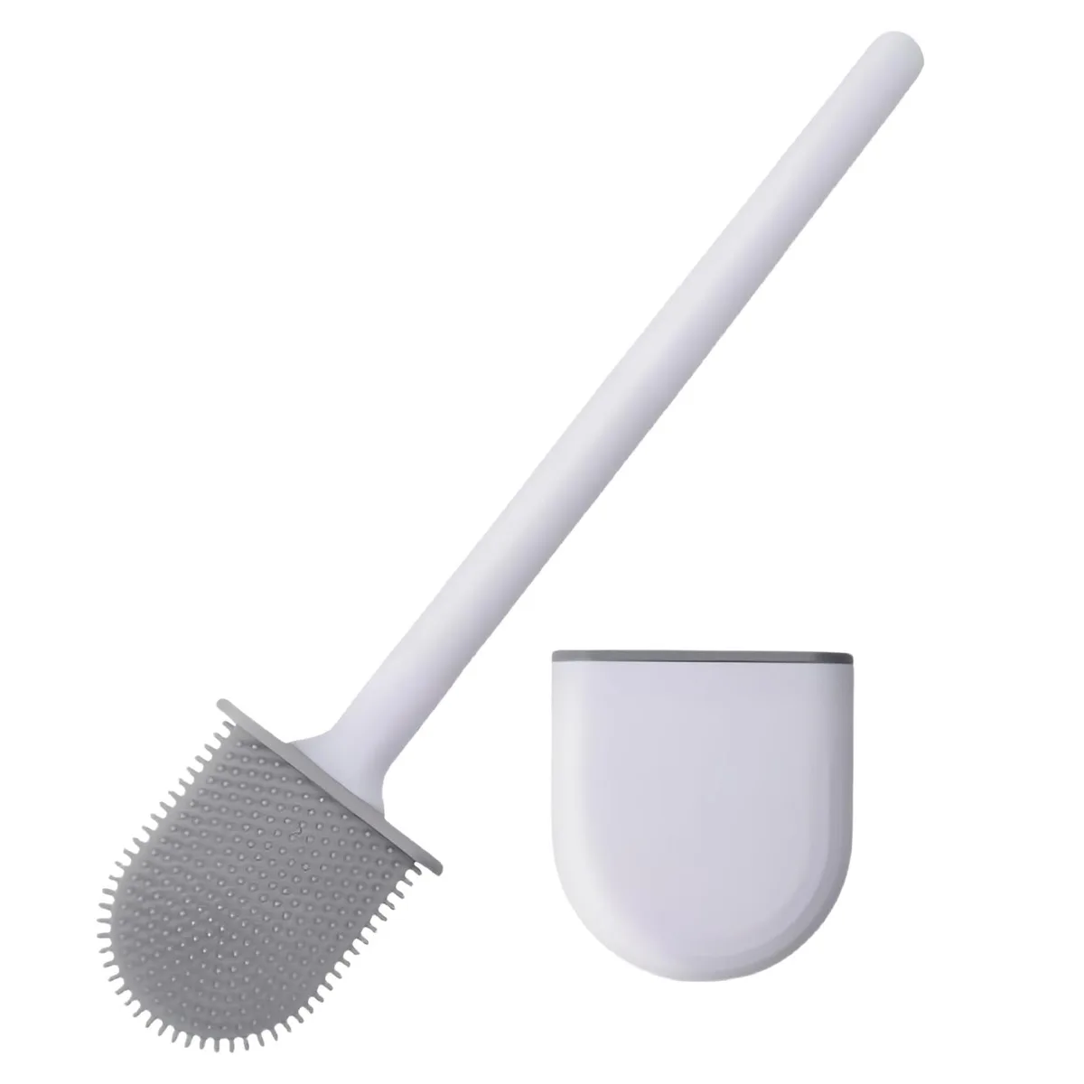 Silicone toilet brush in wall-mounted holder with adhesive hook