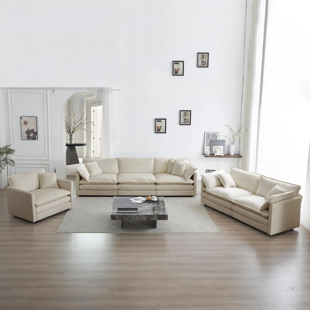 Beige chenille three-piece sectional: three-seater, loveseat and single chair