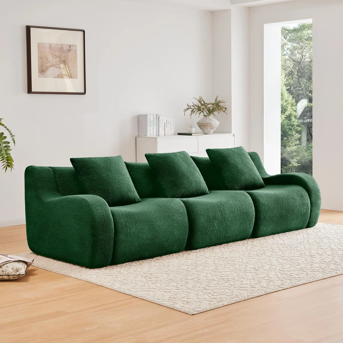 Green three-seat boneless sofa in teddy fabric with curved armrests