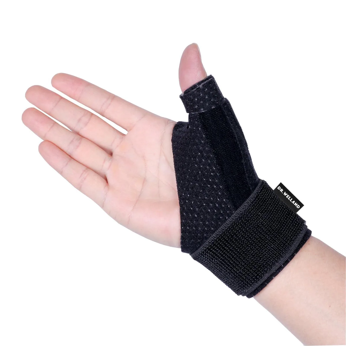 Black thumb and wrist stabilizer with metal splint and two adjustable straps, reversible for left or right hand
