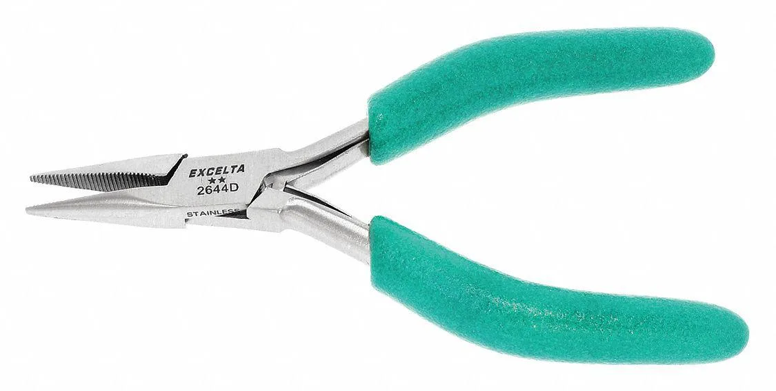 Excelta 2644D chain nose pliers with teal foam cushion grips and serrated jaws