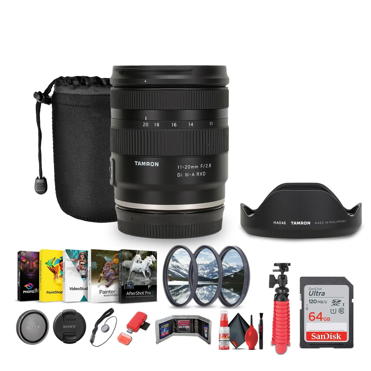 Tamron Tamron 11-20mm f/2.8 Di III-A RXD Lens (Canon RF) + Sling Backpack + Accessories — product photo