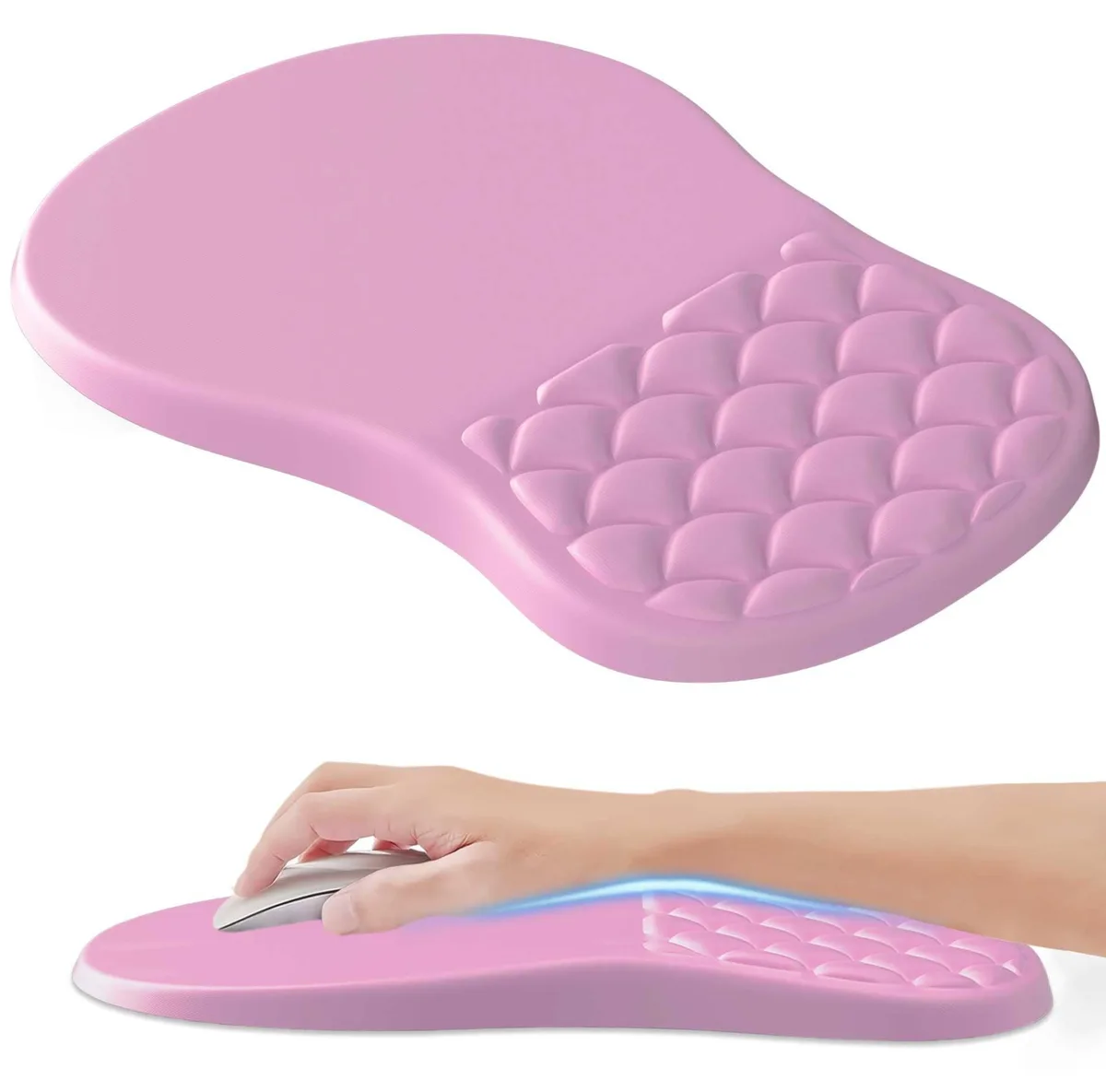 Pink rectangular mouse pad with integrated wrist rest and raised massage points, lycra fabric surface, non-slip base