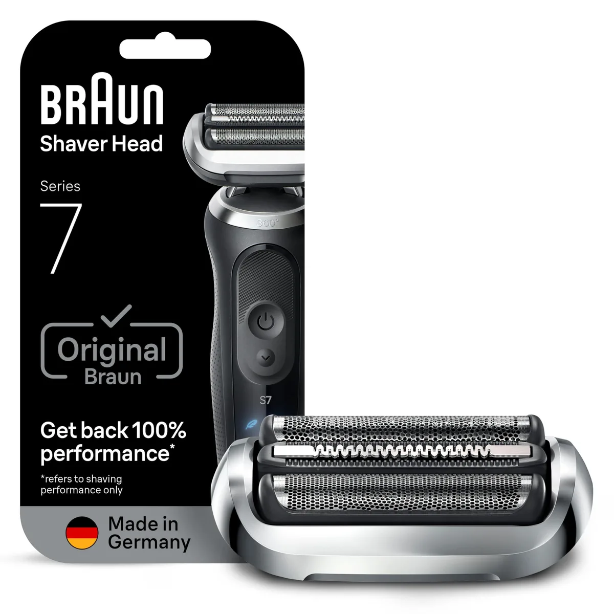 Silver foil shaver head with three flexible blades, compact rectangular shape