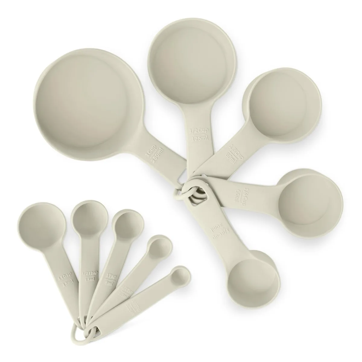 Ten linen-gray plastic measuring cups and spoons linked on a ring