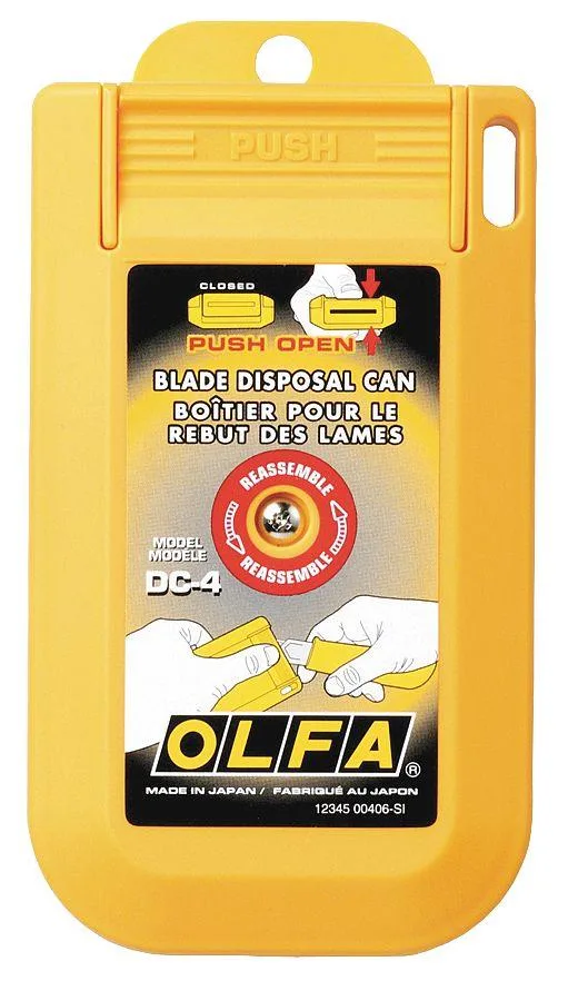 Yellow plastic blade disposal case with push-open lid, panel or wall mount