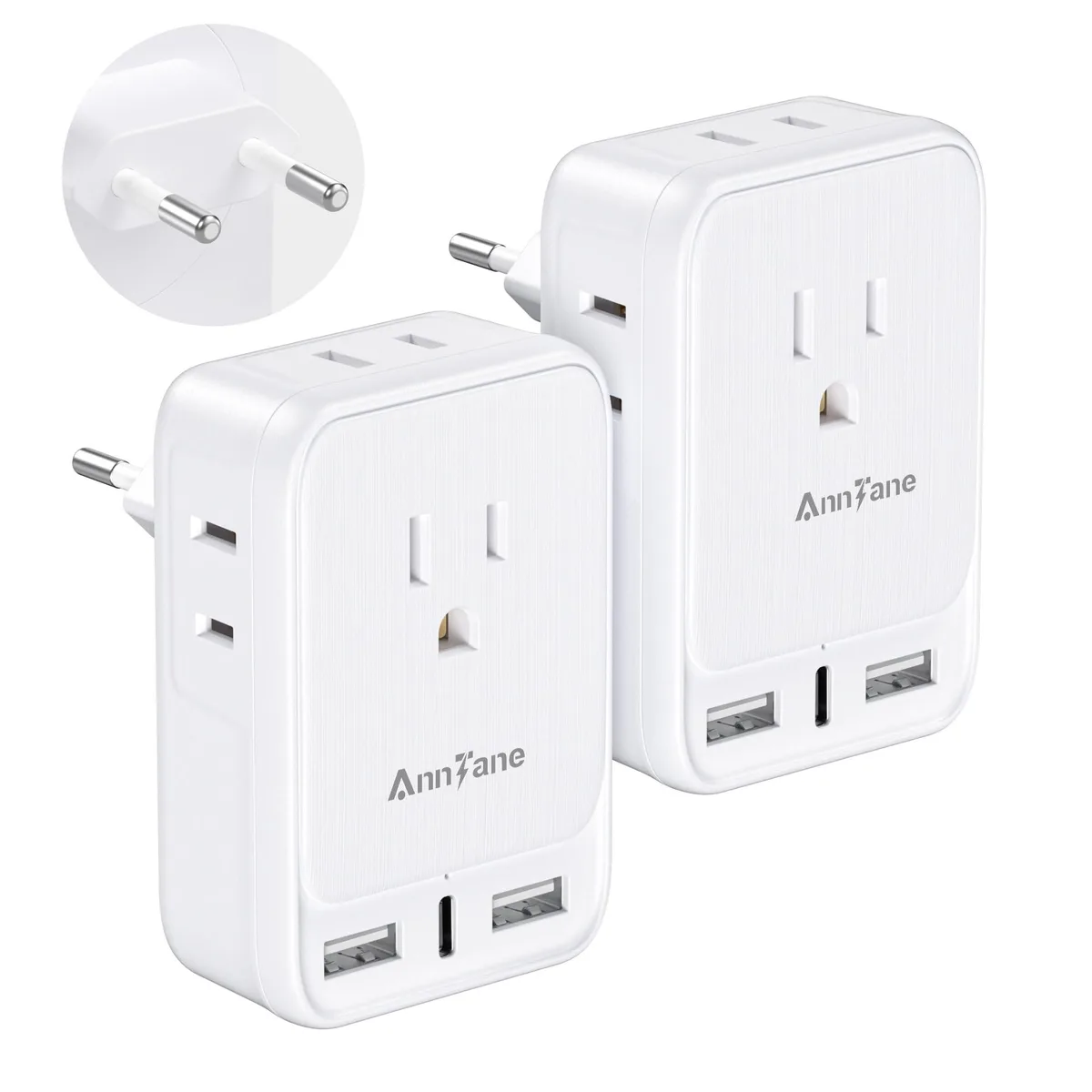 White travel adapter with two AC outlets and three USB ports