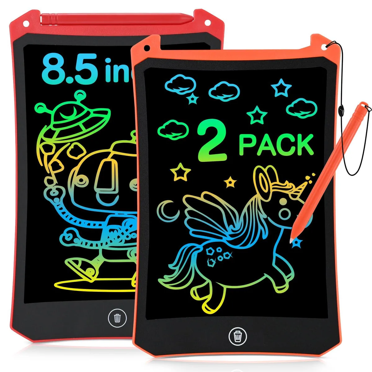Two 8.5 inch LCD writing tablets, one red and one orange, each with attached stylus and erase button