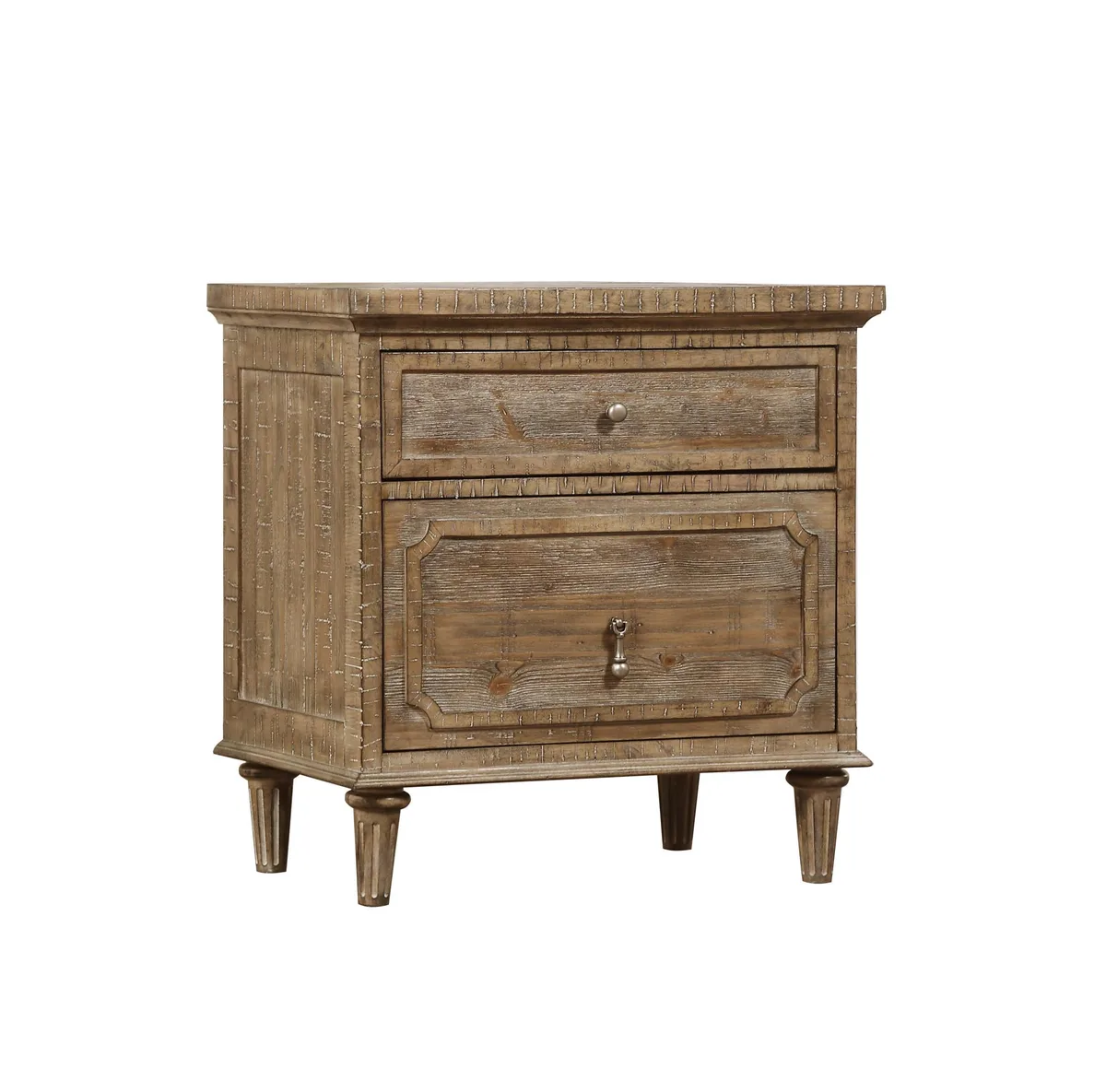 Taupe wooden nightstand with two drawers, tapered legs, rectangular shape