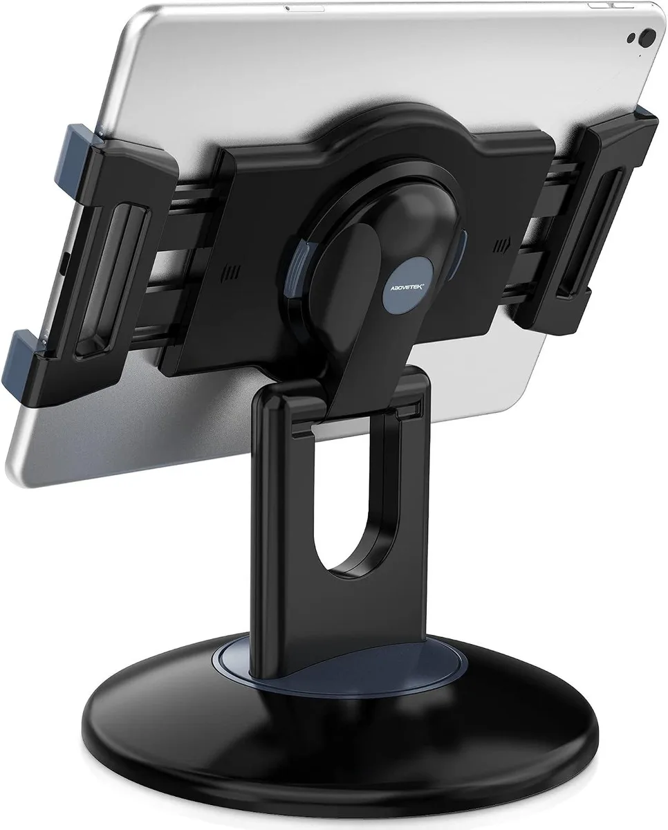 Black tablet holder with 360° rotating base and folding arm, fits 6-13 inch devices