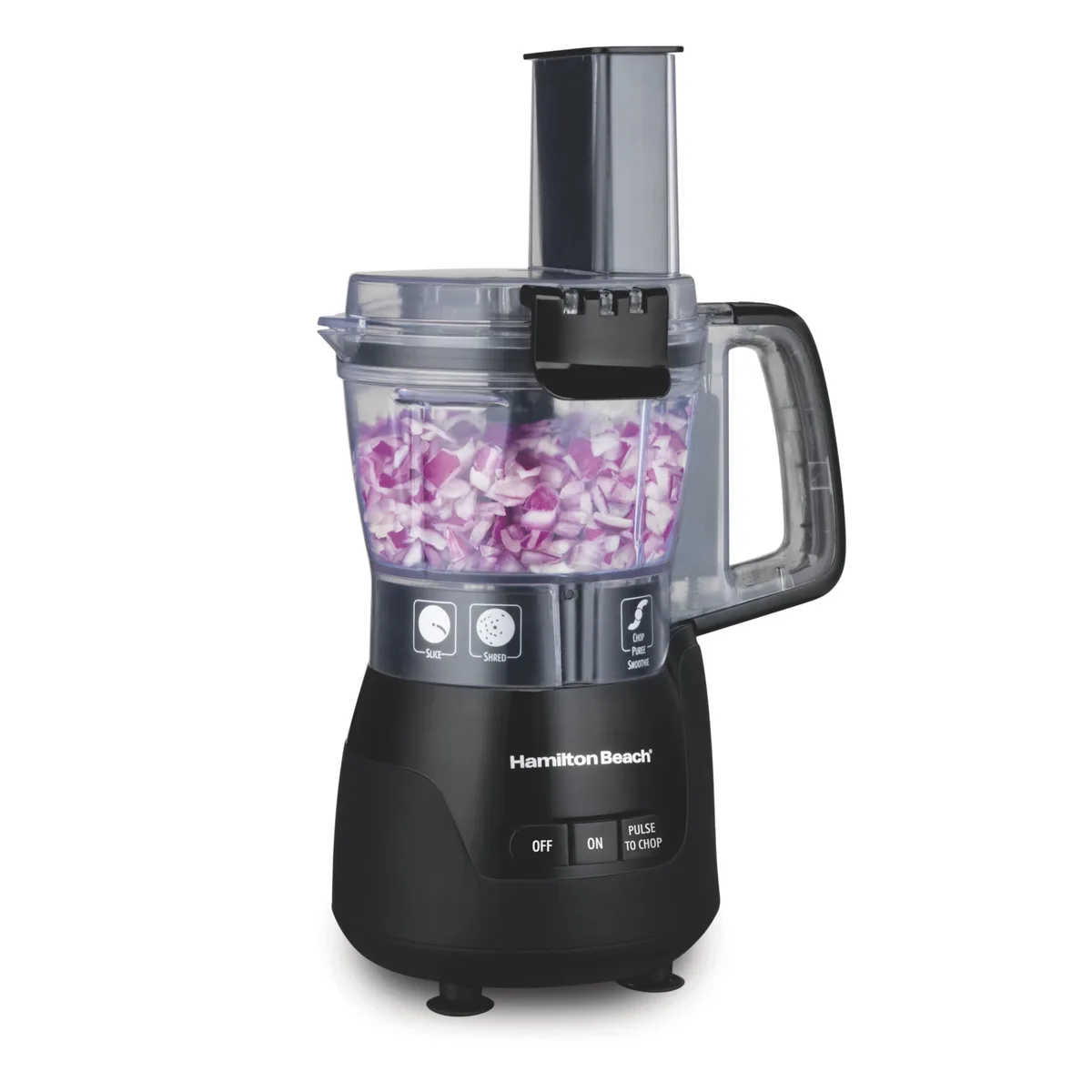 Black compact 4-cup food processor with leak-proof bowl and large feed chute