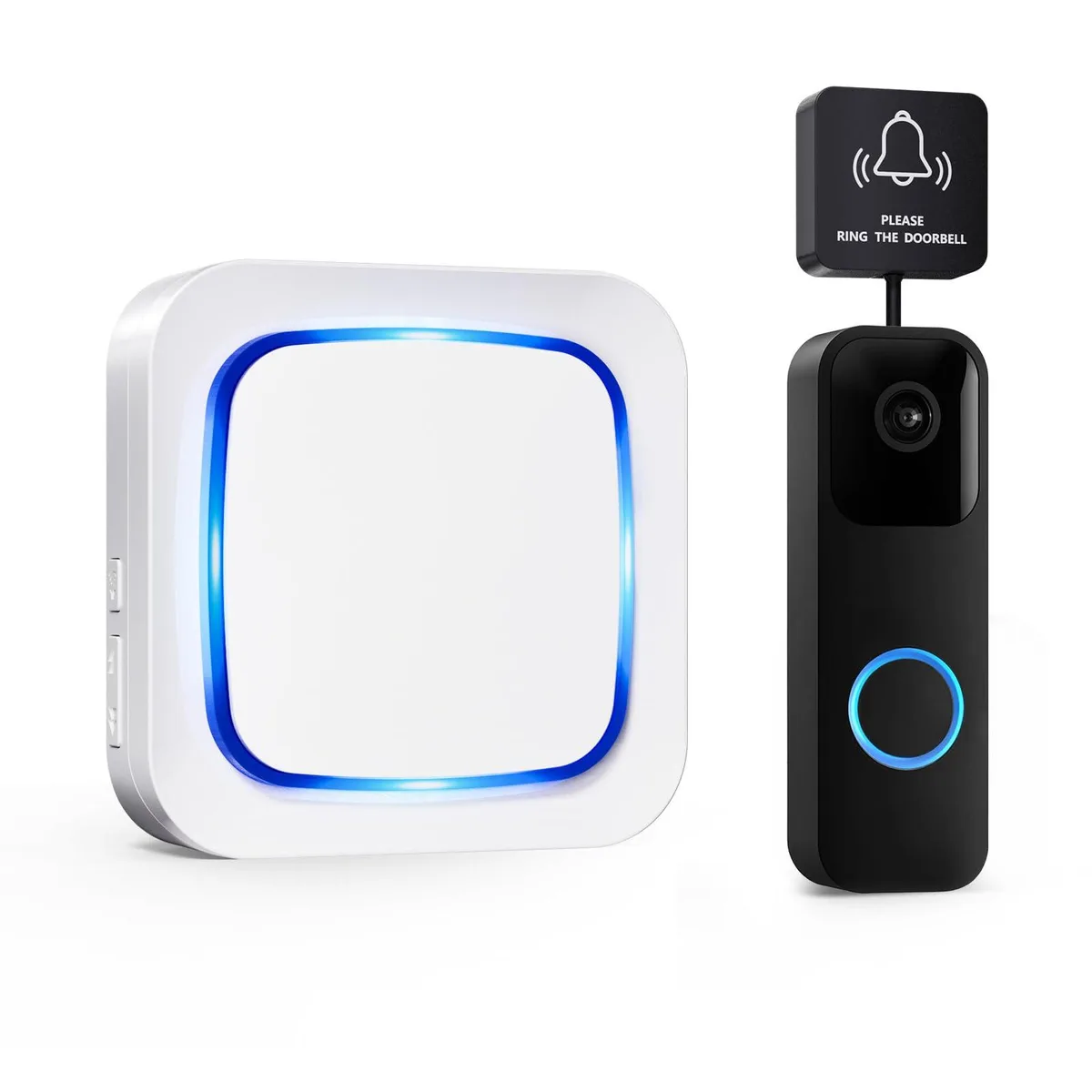 Black wireless doorbell extender kit with transmitter and plug-in receiver