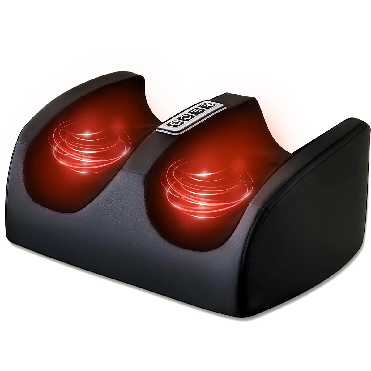 Black faux-leather foot and calf massager, compact rectangular shape