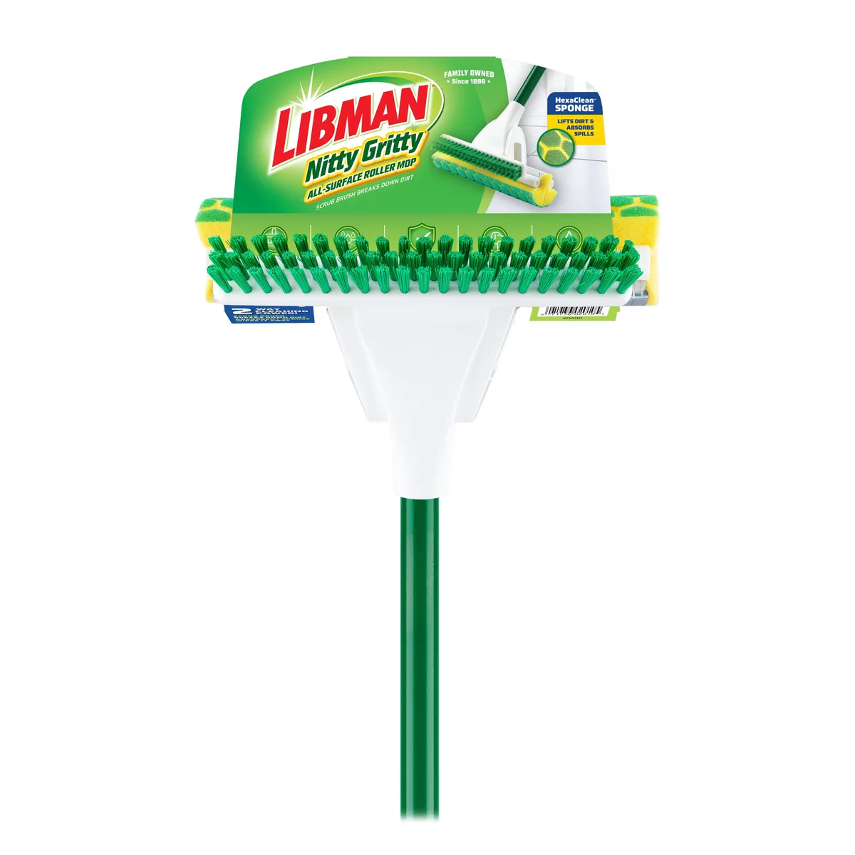 Libman Nitty Gritty sponge mop with green head, scrub brush and steel handle
