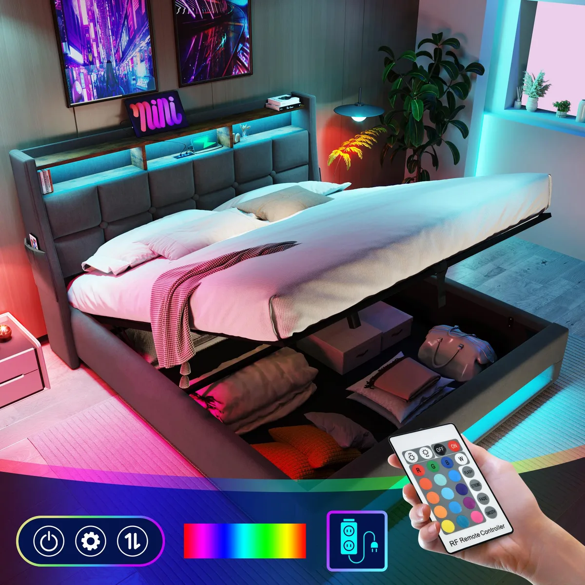 Grey upholstered platform bed with LED headboard, USB port and hydraulic lift storage