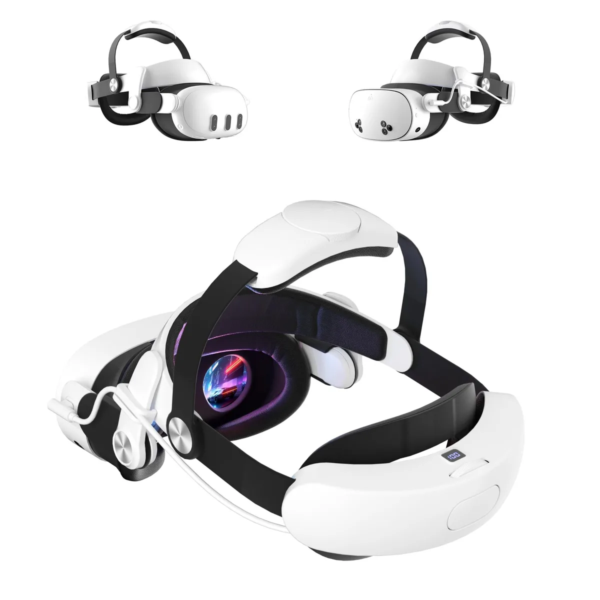 White VR head strap with built-in battery and rear adjustment dial