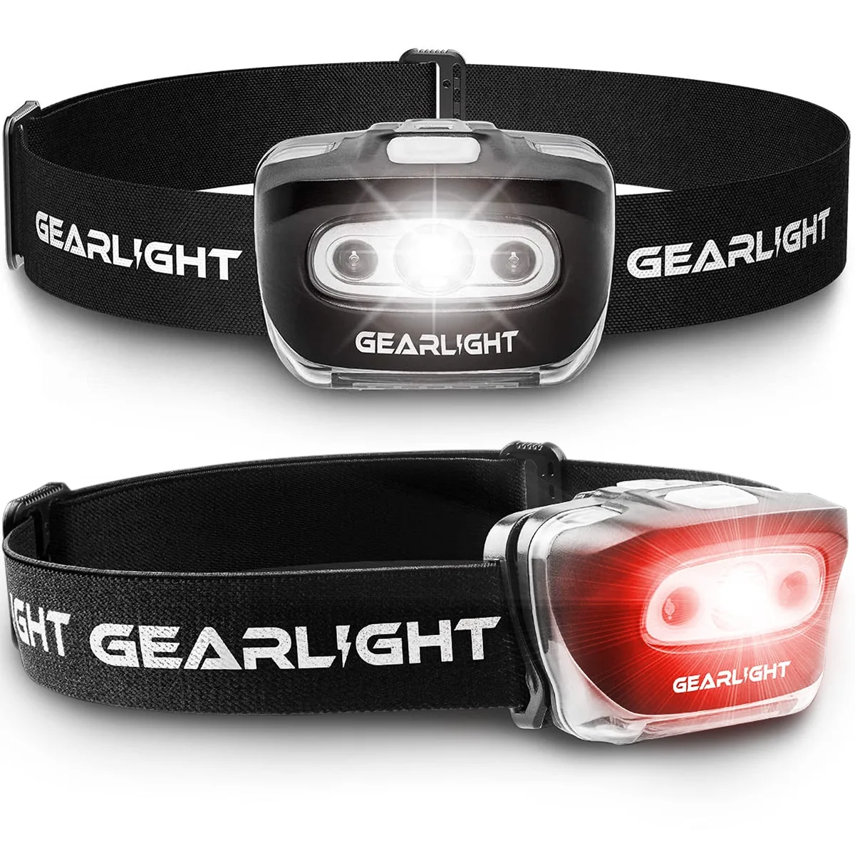 Two black rectangular headlamps with adjustable elastic straps and tiltable front lenses