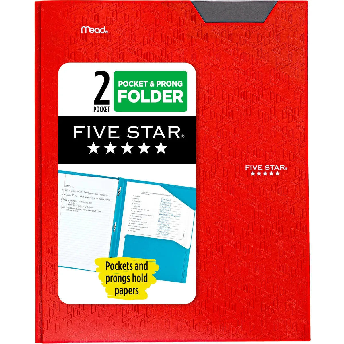 Red plastic two-pocket folder with prong fasteners and stay-put tabs