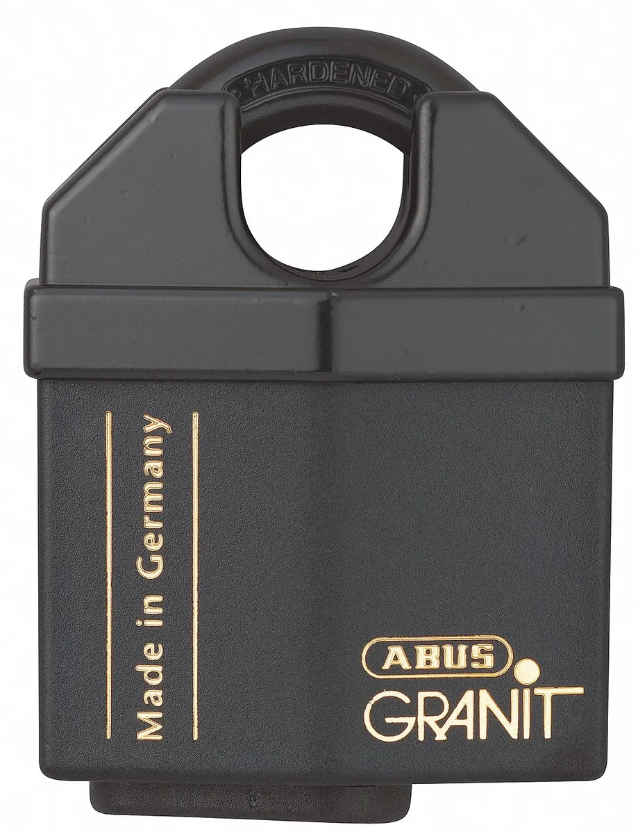 Square black and silver hardened steel padlock with 7-pin cylinder and hardened steel shackle