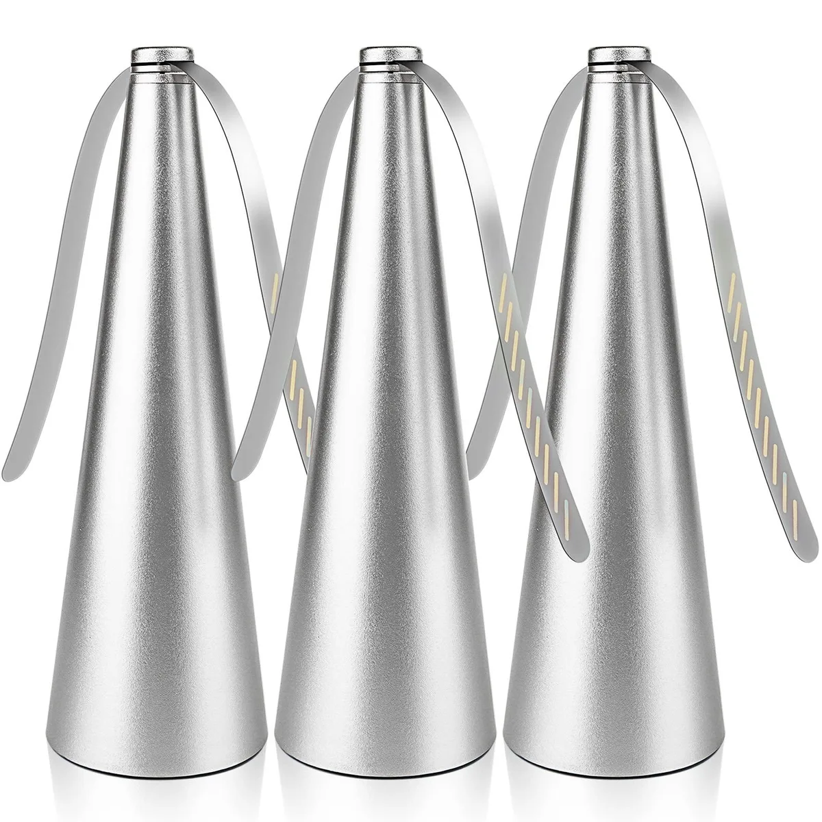 Three silver fly fans with holographic blades on a table