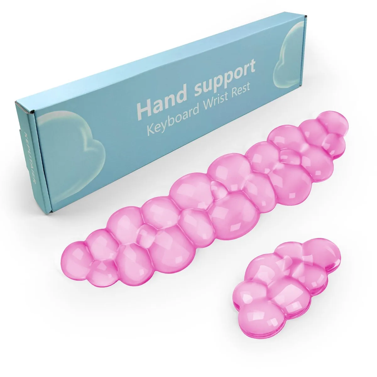 Pink cloud-shaped gel wrist rest set with rubber base, includes keyboard and mouse pads